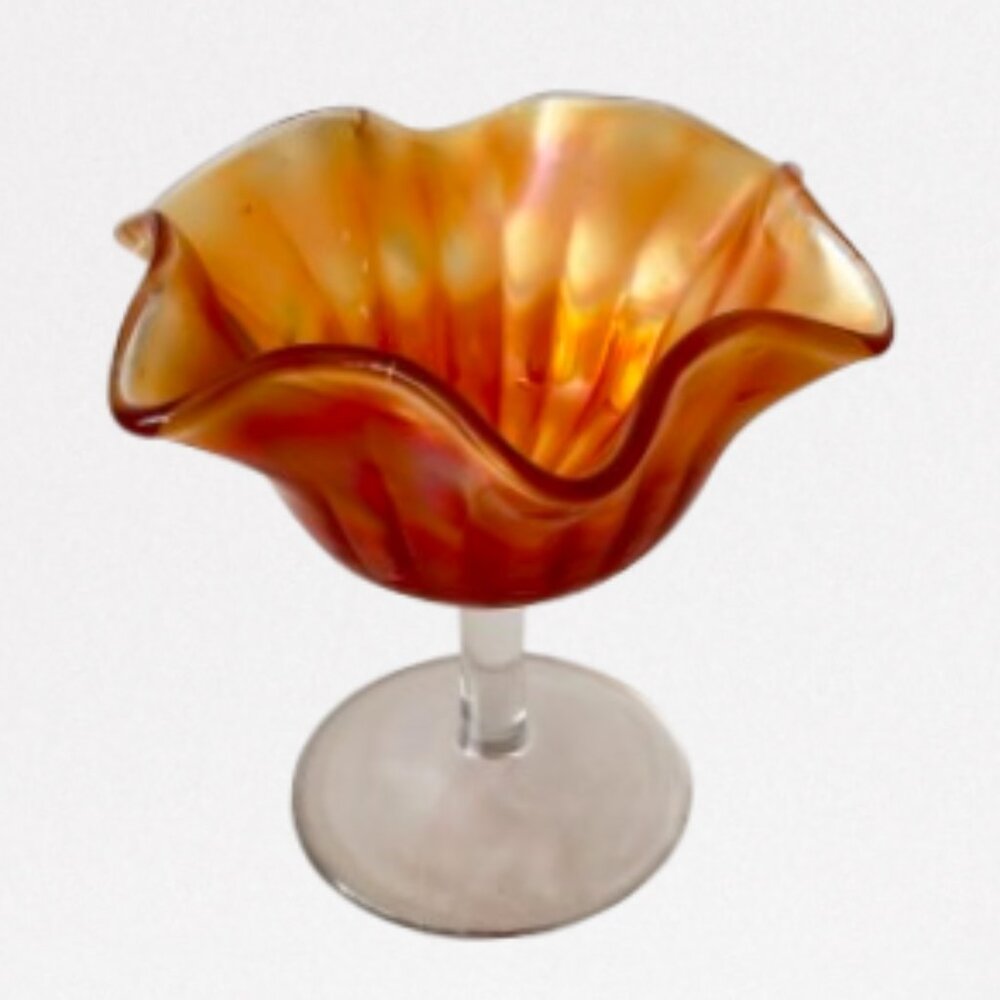 Antique Fenton Carnival Glass Footed Marigold Ruffled Compote Dish goblet- C1920